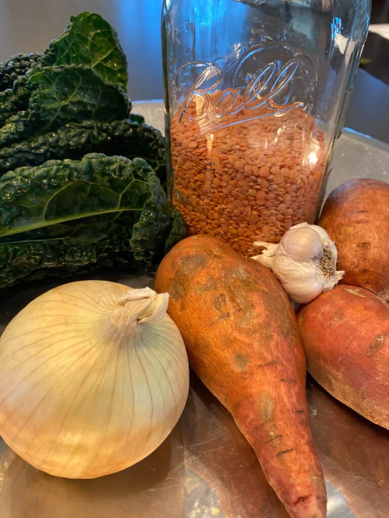 sweet potoato, lentils, kale, onion, garlic, carrot