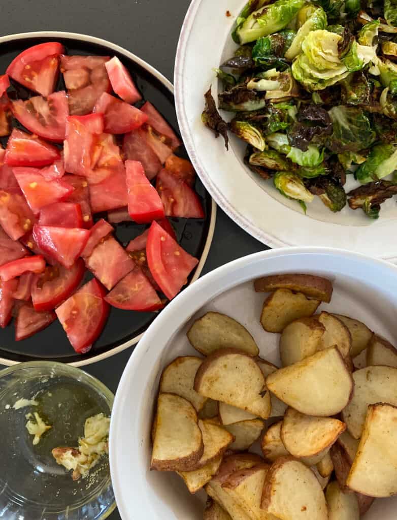 Air-fried Brussel Sprout, Potato and Tomato Bowl