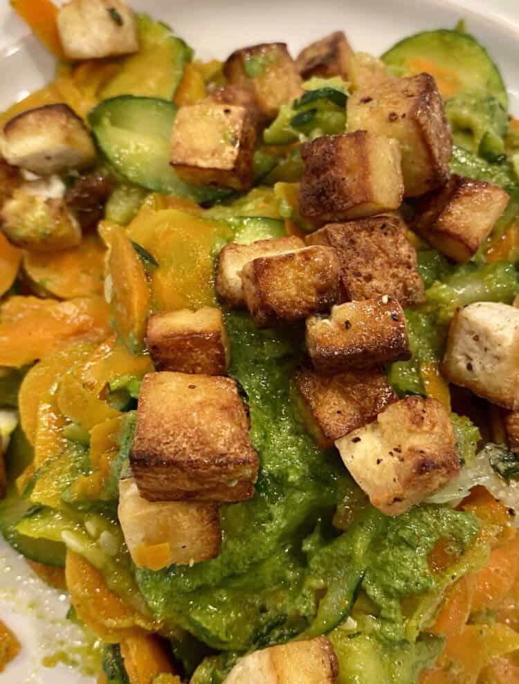 Zucchini Carrot Pesto with Tempeh Croutons