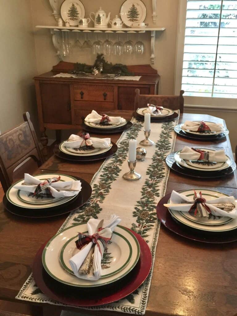 Dining Room Table dressed up for the holidays with Spode Christmas Tree China